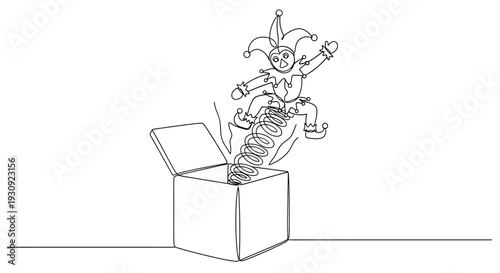Jack-in-the-box toy popping out of open box, line art illustration