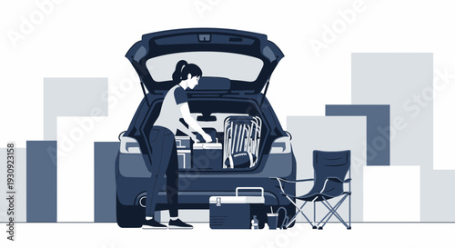 Woman Packing Car For Outdoor Adventure Leisure Activities And Recreation
