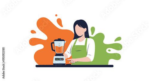 Woman Making Fresh Juice With Blender And Colorful Splash Background