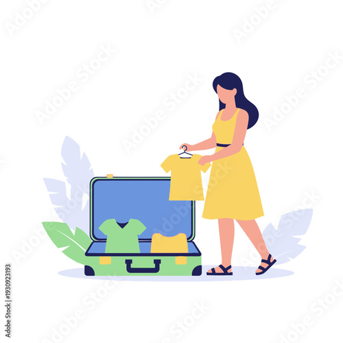 Woman Packing Clothes For Vacation Summer Trip Destination Preparation