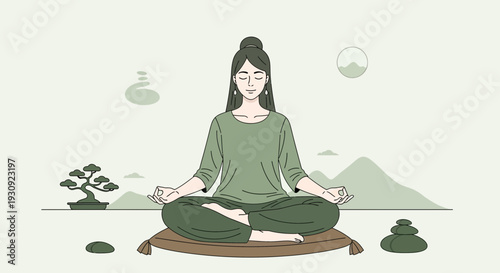 Woman Meditating In A Serene Garden, Peaceful Mind, Tranquil Zen Illustration