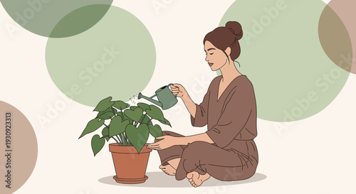 Woman Nurturing Plants Inside Home, Tranquil Scene Depicting Botanical Care and Relaxation