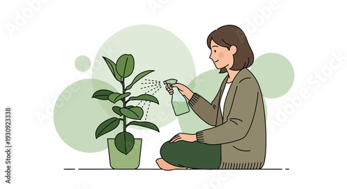 Woman Nurturing Potted Plant With Spray, Domestic Scene, Home Garden Care