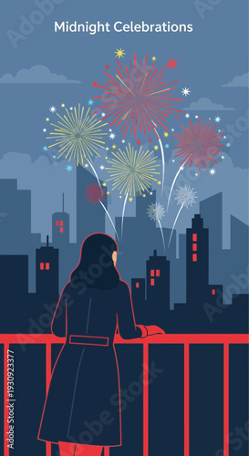 Woman Observes Vivid Fireworks Display Over Cityscape During Celebratory Evening