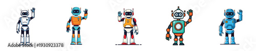 A friendly robot character waving, full body, flat design, single character design, vector illustration, white backdrop, solid color scheme, clean outline.