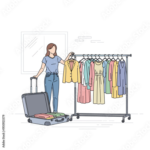 Woman Packing Suitcase Next To Clothing Rack Ready For Travel