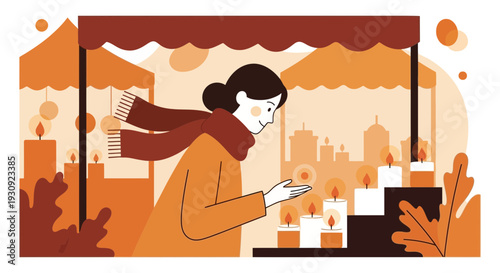 Woman Observing Candles At Autumn Night Market