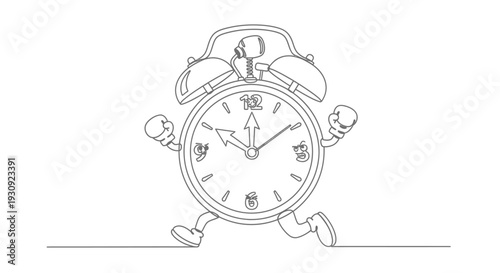 Running Alarm Clock Character, Cartoon Style, Line Art, Time Concept