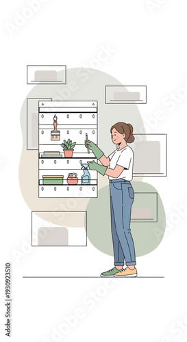 Woman Organizes Cleaning Supplies on a Wall-Mounted Rack with Muted Abstract Background
