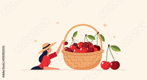 Woman Picking Cherries From Basket Fun Summer Harvest Scene