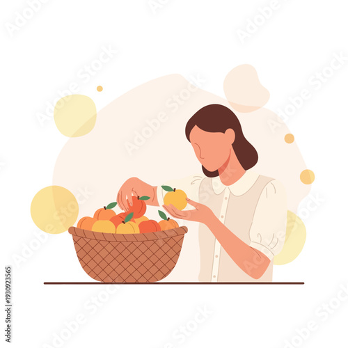 Woman Picking Fresh Fruit From A Woven Basket Full Of Produce