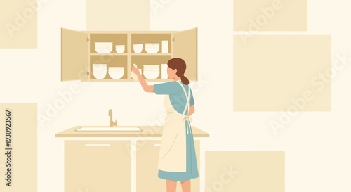 Woman Organizes Kitchen Cabinet With Dishes Minimalist Style