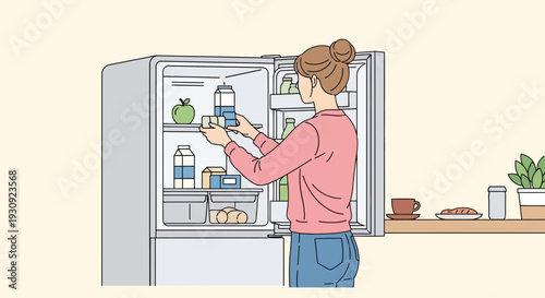 Woman Organizes Food Inside Refrigerator, Healthy Lifestyle, Daily Routine, Kitchen Scene