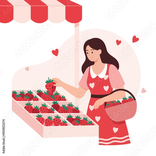 Woman Picking Fresh Strawberries At A Vibrant Market Stall