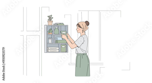 Woman Organizes Personal Storage, Keeping Home Supplies Tidy And Neat, Daily Routine