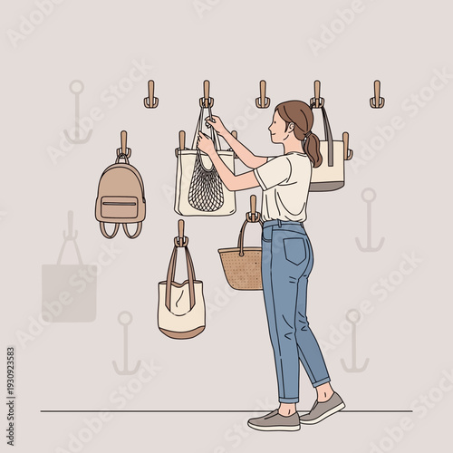 Woman Organizes Reusable Shopping Bags Collection For Sustainable Living Choices