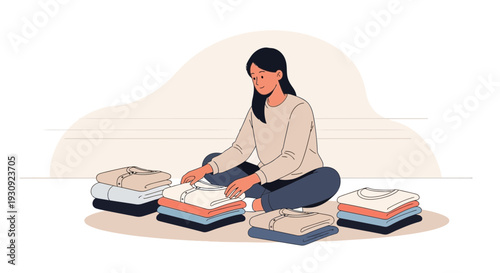 Woman Organizing Folded Clothes Neatly Into Stacks For Storage Or Laundry
