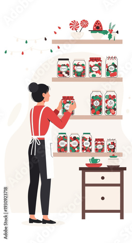Woman Organizing Jars On Shelves With Holiday Treats And Decorations
