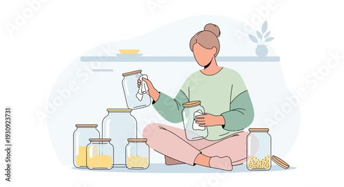 Woman Organizing Jars in a Home Setting for a Zero-Waste Approach to Life