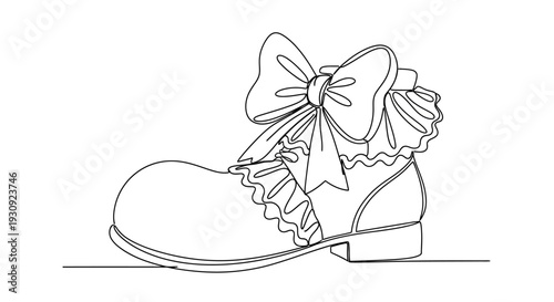 Single Line Drawing of a Clown Shoe with a Large Bow and Ruffles
