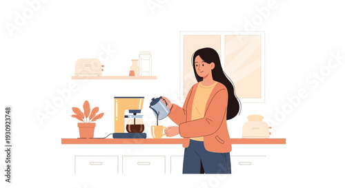 Woman Pouring Freshly Brewed Coffee From A Maker Into A Mug