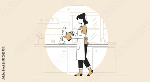 Woman Pouring Hot Drink Into Cup From Kettle In Kitchen