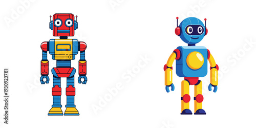 A friendly robot character waving, full body, flat design, single character design, vector illustration, white backdrop, solid color scheme, clean outline.