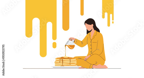 Woman Pouring Syrup On Pancakes For Breakfast
