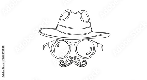 Detective Disguise Hat Glasses Mustache Line Art Vector Illustration