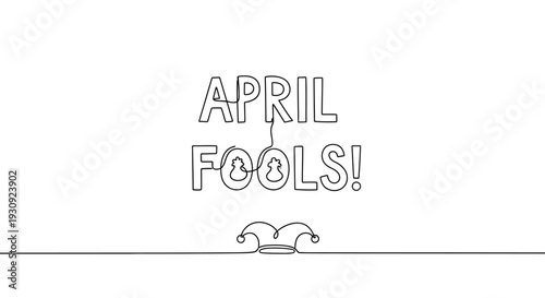April Fools Day text with jester hat, continuous line drawing illustration