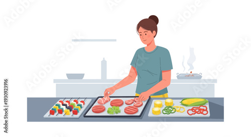 Woman Preparing Food For a Delicious Outdoor Barbecue Party With Gourmet Dishes