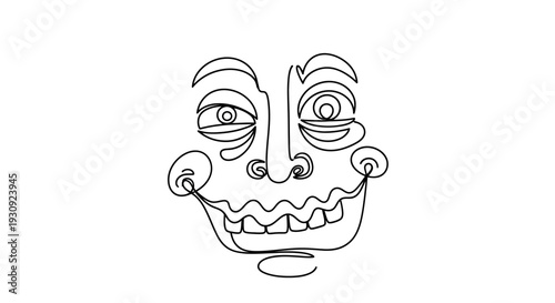Abstract continuous line drawing of a funny, expressive face with a wide smile