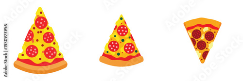 A slice of pepperoni pizza, flat design, single food illustration, vector artwork, white background, bold solid colors, minimal details.