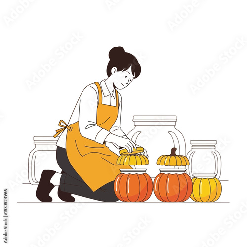 Woman Preparing Pumpkin Preserves for Storage in Glass Jars: Harvest Season Illustration