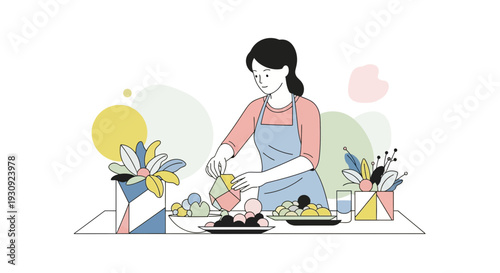 Woman Preparing Vibrant Geometric Fruits And Flowers For Healthy Meal