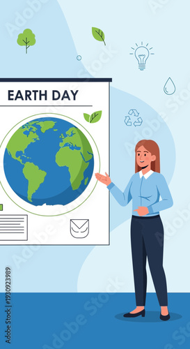 Woman Presenting Earth Day Information With Global Environment Theme Illustration