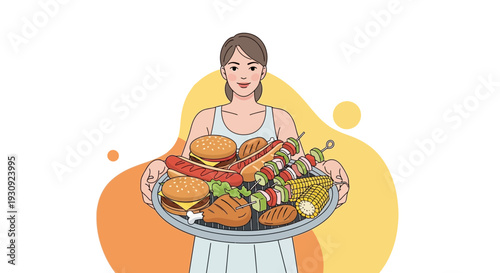 Woman Presenting a Tray Filled With Delicious Grilled Food Items for a Picnic