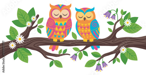 Two colorful owls perch peacefully on a tree branch adorned with vibrant leaves and delicate flowers, creating a whimsical nature scene.