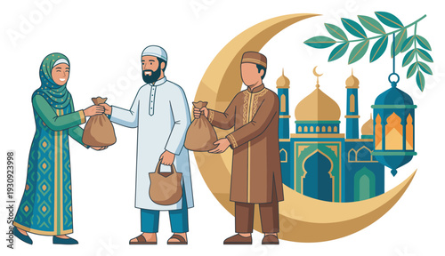 Muslim people exchanging charity bags during important religious holiday, symbolizing generosity and community spirit with mosque and crescent moon.