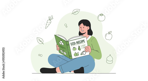 Woman Reading Eco Recipe Book Surrounded by Fresh Ingredients And Healthy Food Illustrations