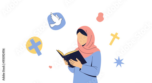 Woman Reading Sacred Text Amidst Religious Symbols And Peace Dove