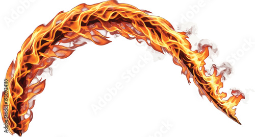 Curved arc of intense fire trails dramatically across the empty bright.