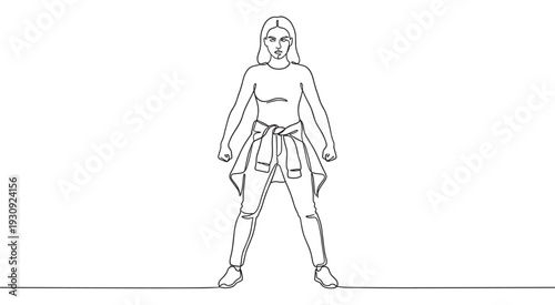 Woman standing in a powerful and confident pose, illustrated with a modern minimalist continuous line art drawing, conveying determination.