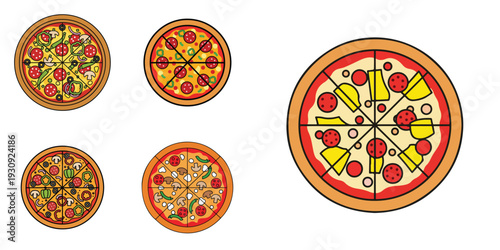 A pepperoni pizza, flat design, single food illustration, vector artwork, white background, bold solid colors, minimal details.