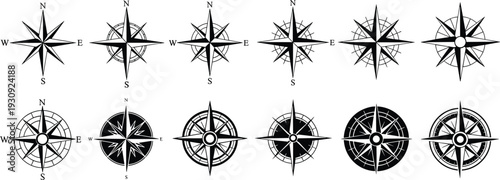 Black Compass Rose Silhouette Set Vector Illustration Isolated On White Background For Nautical Navigation Map Travel Adventure Discovery Maritime Direction And Geographic Exploration Graphics