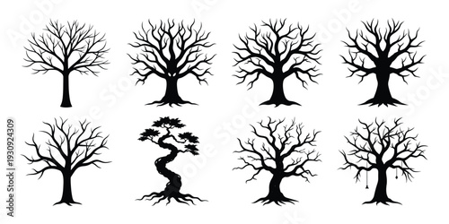 Set of eight black and white twisted bare haunted trees with eerie branches and minimalist flat vector style Halloween spooky designs for fall season decorations and horror themes