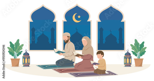 Muslim family observing religious traditions, reading holy books together on prayer mats in a peaceful home setting.