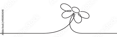 Continuous line art flower drawing, minimalist and elegant, with a delicate stem emerging from a horizontal ground line, symbolizing growth and beauty.