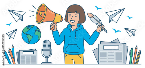 Young person holding a megaphone and quill pen representing global communication, journalism, and information dissemination.