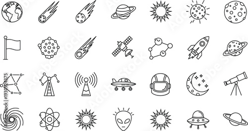 Black and white space exploration outline icons set featuring planets, rockets, satellites, moon phases, telescopes, alien life, and galaxy symbols for astronomical graphic design projects.